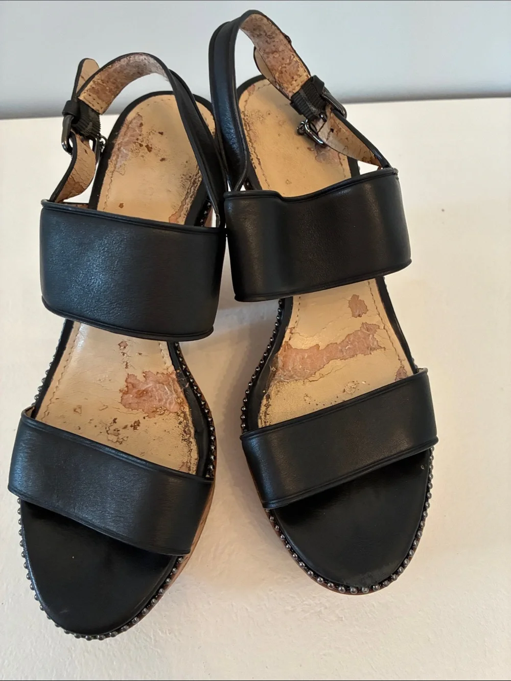 Coach Black Leather Cork Platform Sandals with Stud Trim Size 7.5